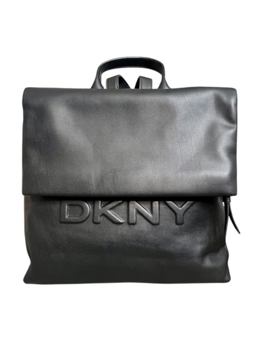 DKNY Black Leather Fold-Over Backpack with Embossed Logo